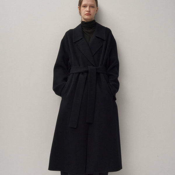 ATON エイトン ウール ロングコート ガウン ブラック M フード付 ATON_ONLINE_WOMEN_OUTER / エイトン_オンライン_ウィメンズ_